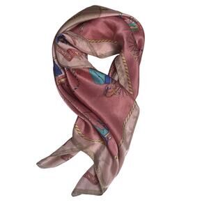 100% Silk Pink Small Square Neck Scarf Horse Carriage Dainty Delicate Classic
